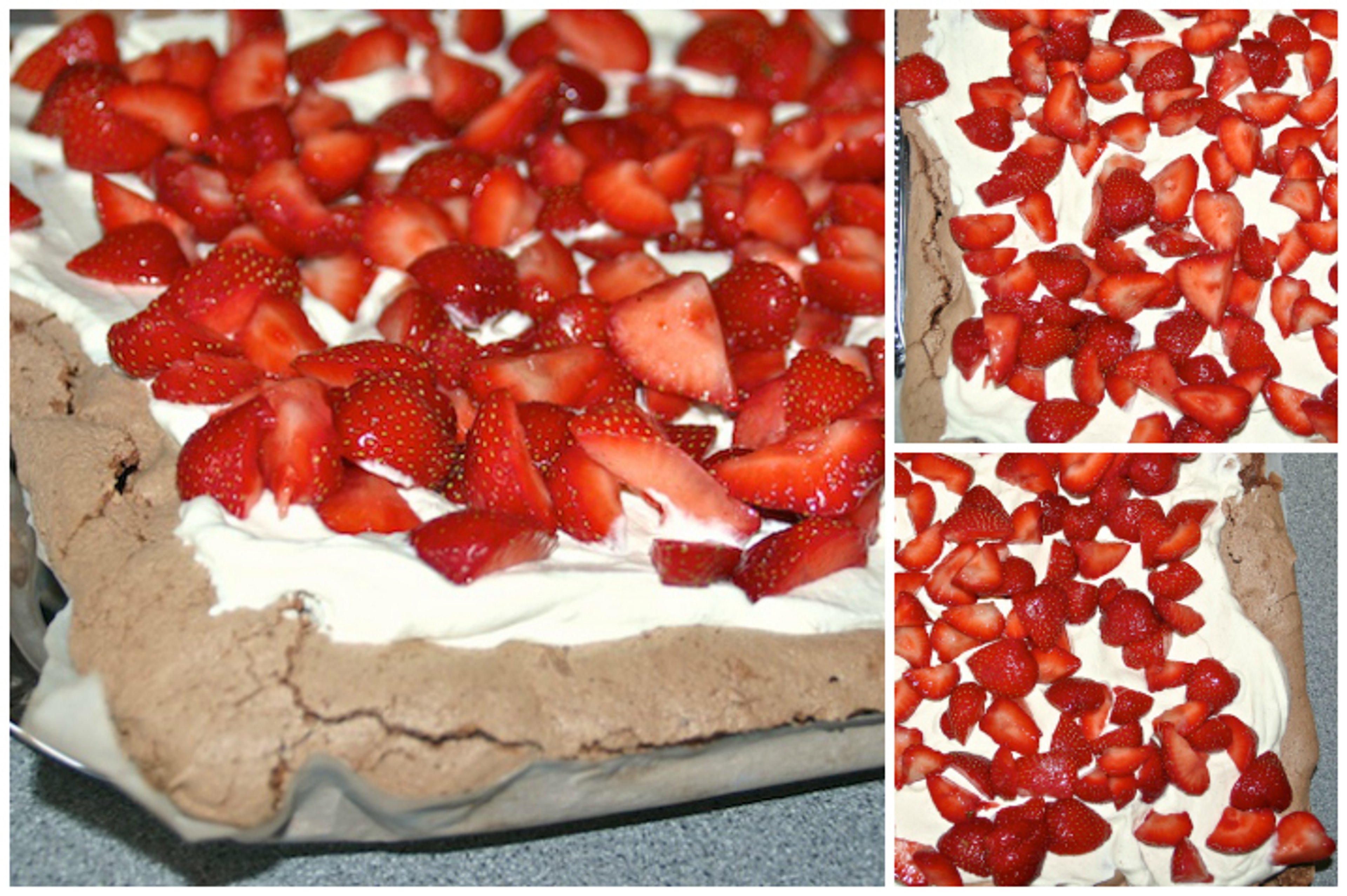 Chokoladepavlova med vaniljeflødeskum og jordbær