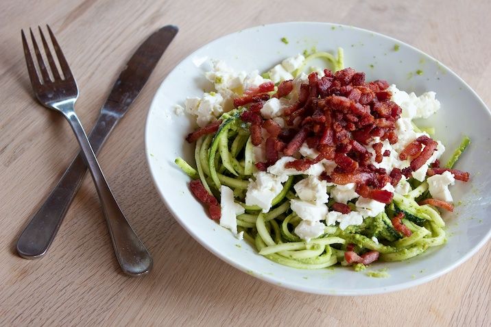 Squashgetti med pesto, feta og bacon