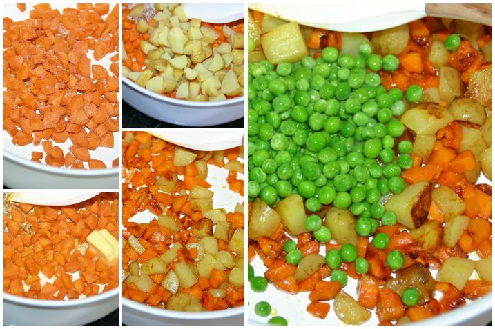 Vegetarisk biksemad af kartofler, gulerødder, ærter og spejlæg