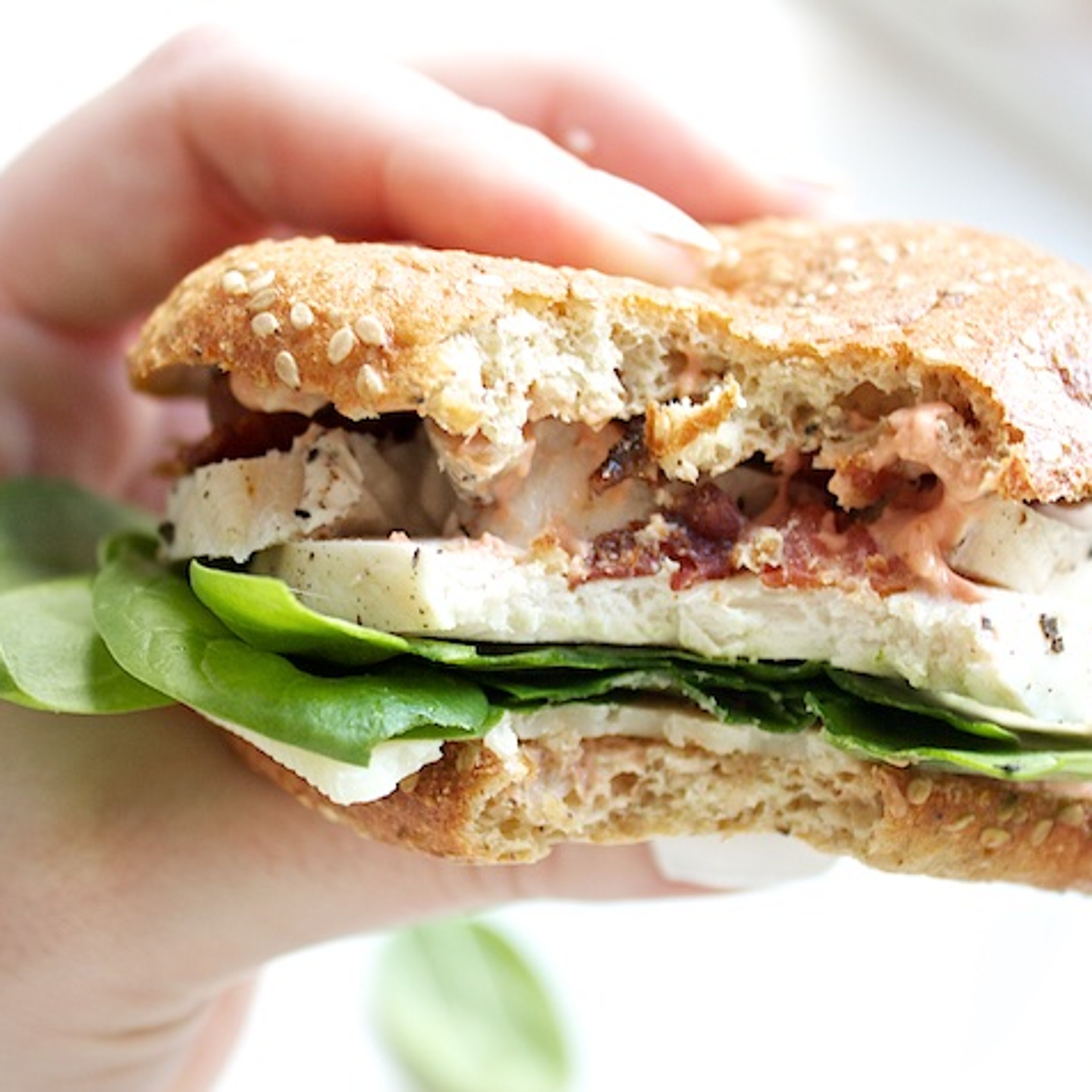 Sandwich med kylling, bacon, ost og tomatmayo