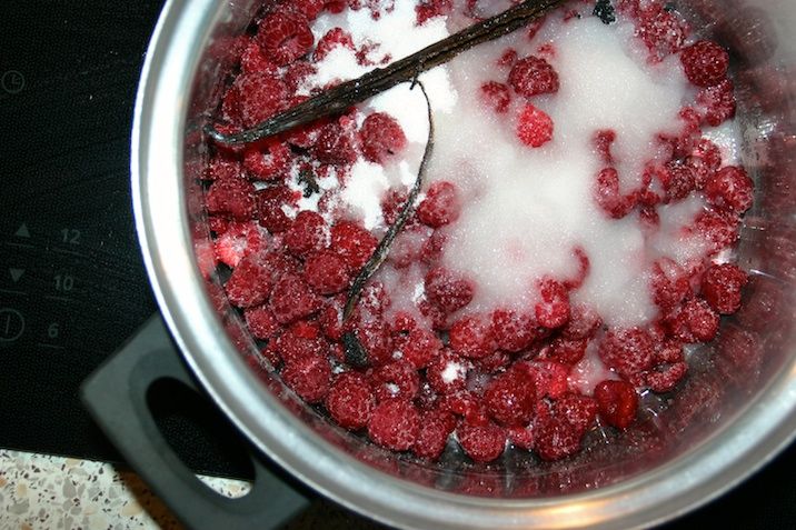 Tofarvet chokolademousse med hindbærsirup og hasselnødder