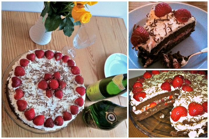 Kakaolagkage med flødeskum, jordbær og chokolade