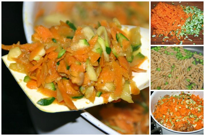 Orientalsk kyllingeret med gulerod, squash, ærter og pasta