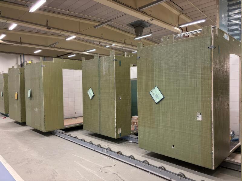 Finished bathroom pods lined up at the Podcomp factory in Piteå