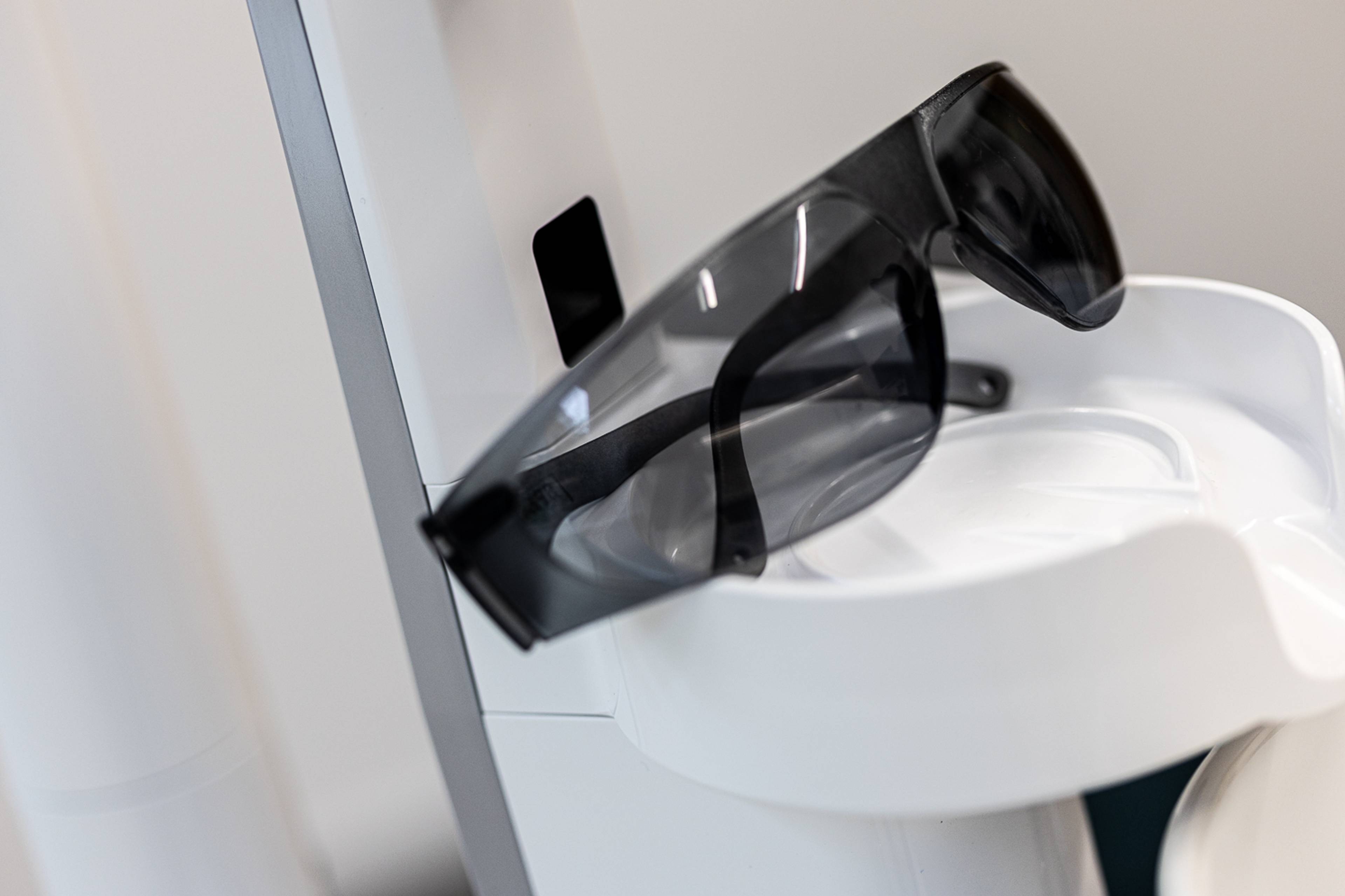 A close-up photo of dental safety glasses