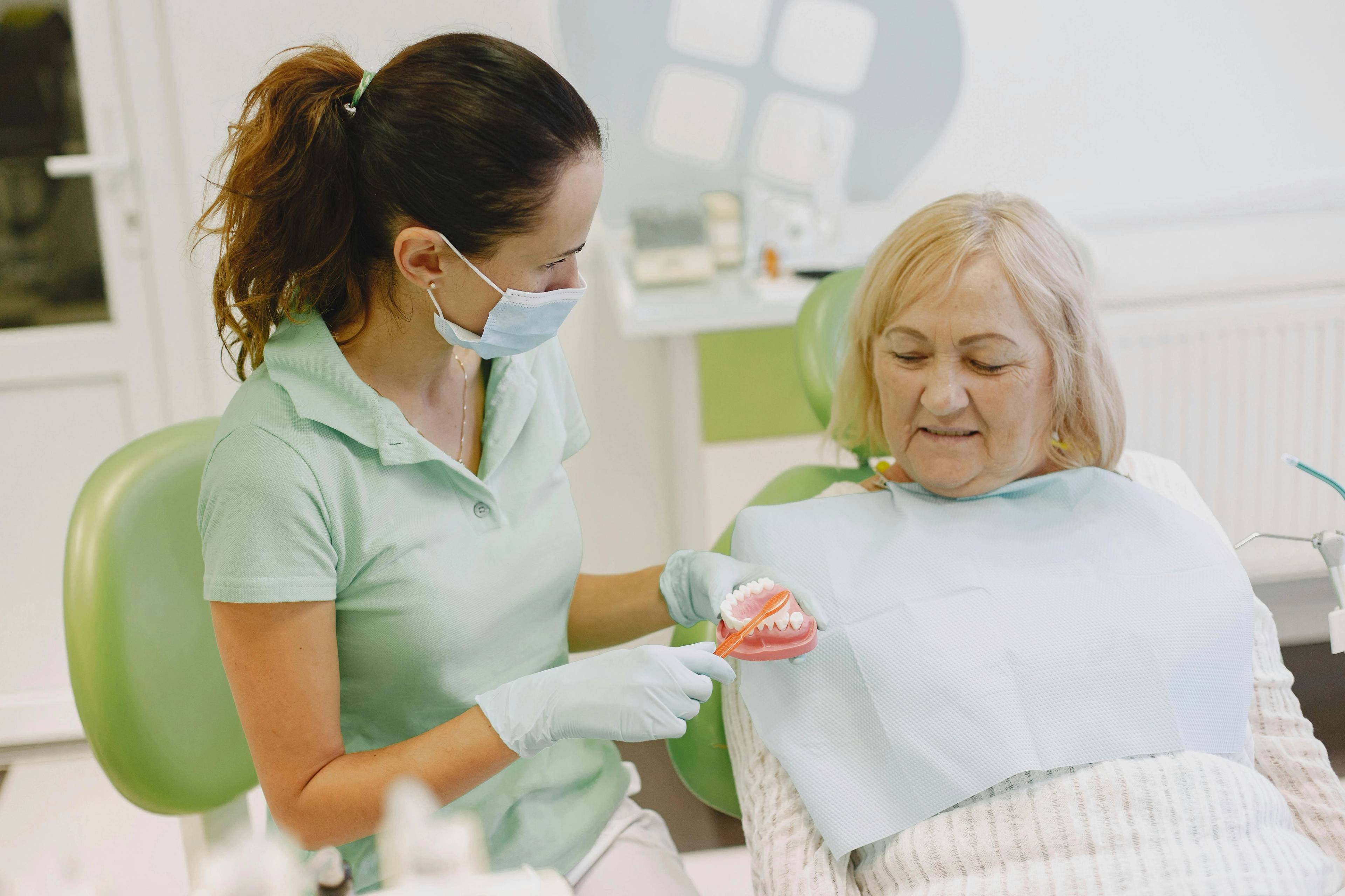 A dentist demonstrates brushing technique on a model of teeth for an older female patient
