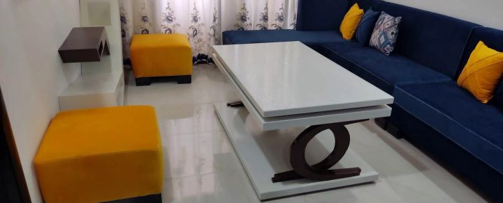 كنب زاوية كحلي مع بوفات صفراء — شهد للمفروشات في سلمية