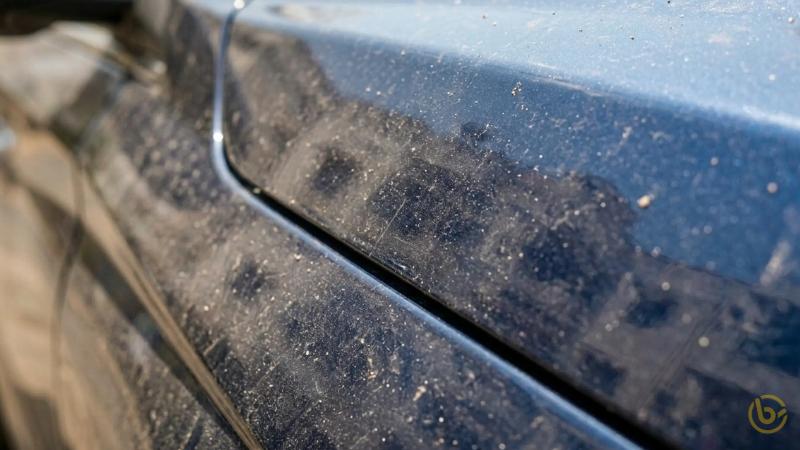 Close-up of dusty car surface under sunlight