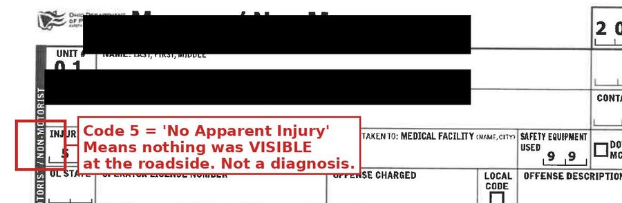 Ohio OH-1 Motorist page showing Injury Code 5, personal details redacted