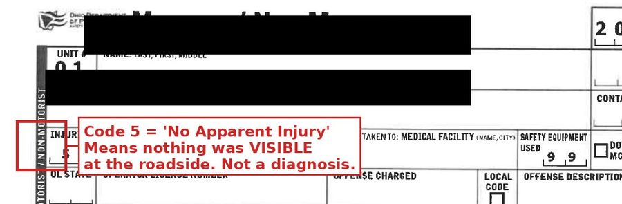Ohio OH-1 Motorist page showing Injury Code 5, personal details redacted