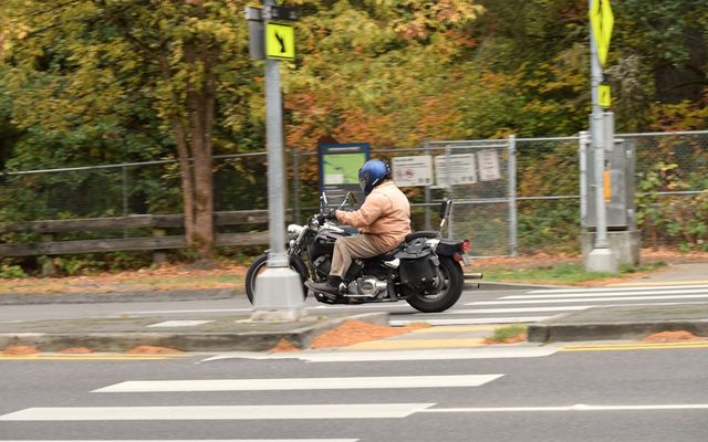 Man riding a motorcycle at a crosswalk.