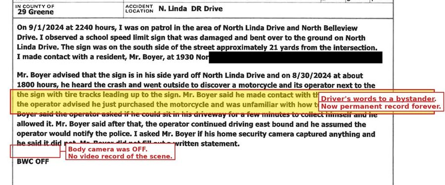 Ohio OH-2 narrative continuation showing driver admission highlighted and BWC OFF noted