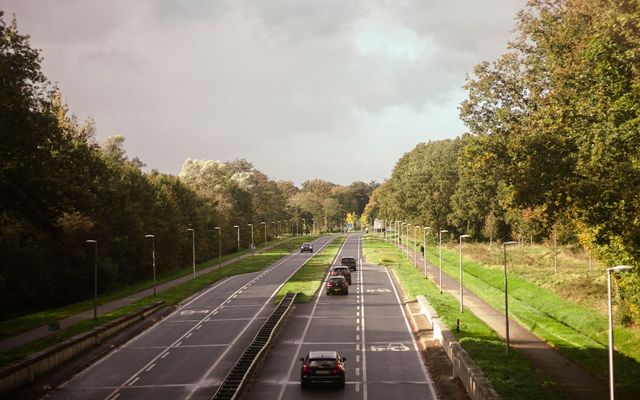 Cars driving on a highway surrounded by trees.