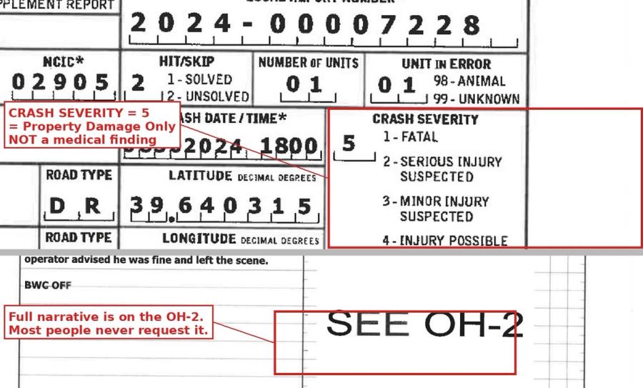 Ohio OH-1 crash report: Crash Severity Code 5 and SEE OH-2 notation annotated