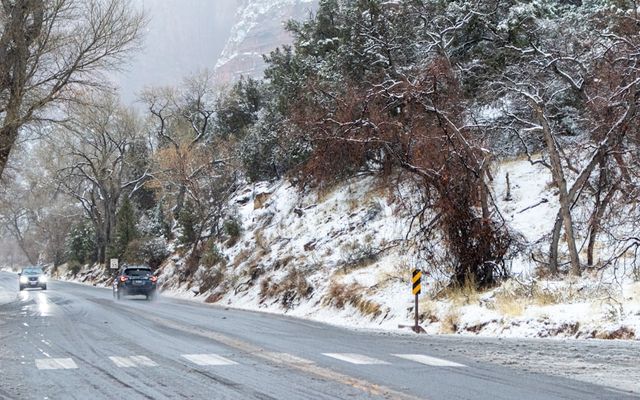 Cars driving on a snowy winter road