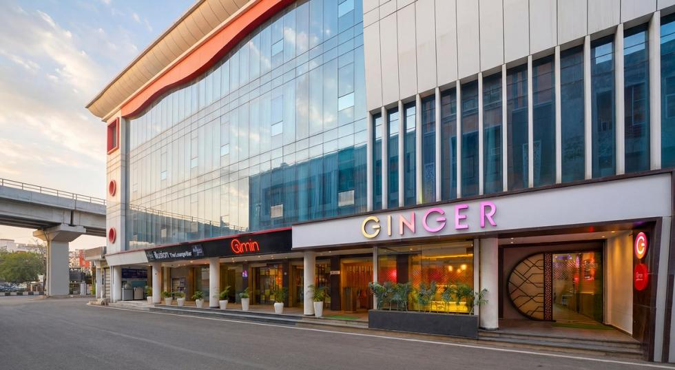 Modern exterior facade of Ginger Hotel in Bari Brahmana, Jammu.