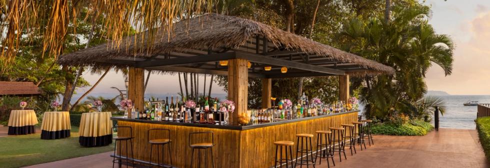 Garden bar with straw roof, floral decor, and drinks on counter