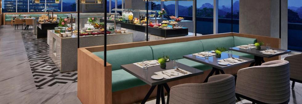 Restaurant interior with soft lights and comfortable seating