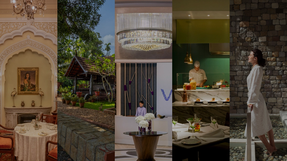 Taj Hotels lifestyle collage showcasing dining, nature retreats, elegant interiors, culinary artistry, and spa experiences