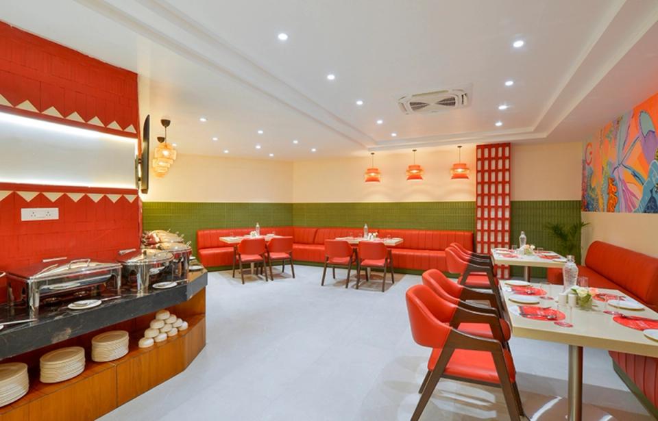 Buffet service and dining area at a hotel in Gadchiroli.
