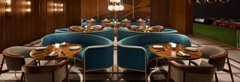 Interior view of an elegant luxury hotel space with decorative lighting