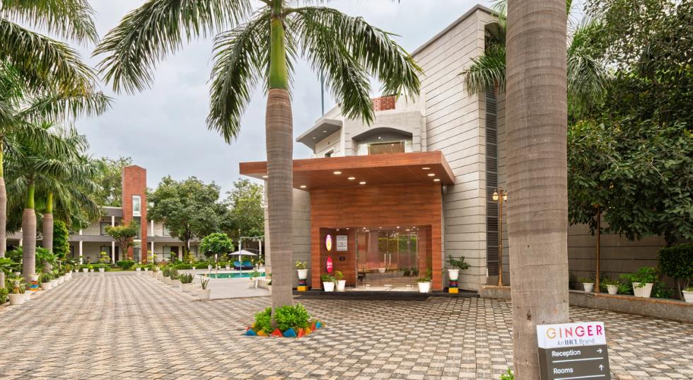 Exterior building view of Ginger Agra, Bichpuri, a modern hotel near Agra Airport.
