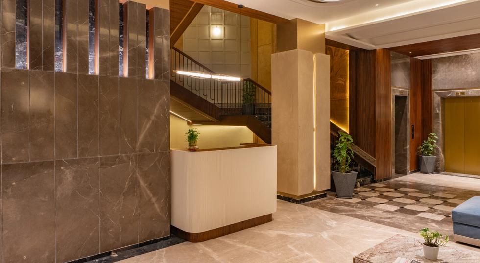 Hotel lobby with reception desk and elevator at Ginger Mohali, Kharar Kurali Highway.