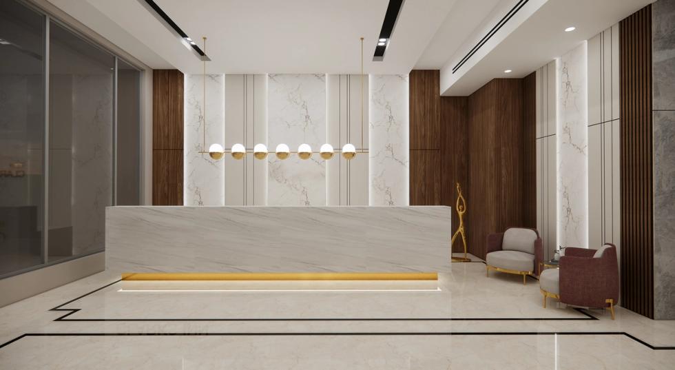 Modern hotel reception area at Ginger Siwan, Chapra Road, Bihar.