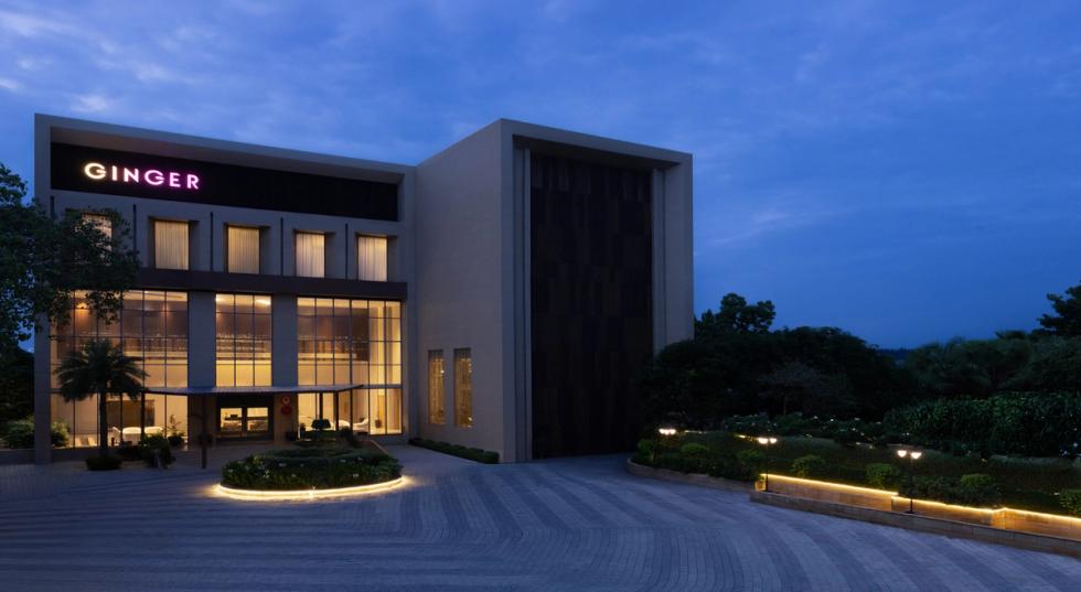Night view of the swimming pool at Ginger Etawah, Gwalior Bypass Road