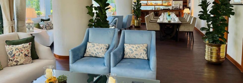 Luxury hotel lounge with plush blue armchairs and indoor greenery