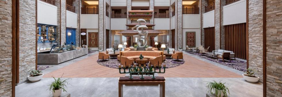 Elegant lobby of a luxury hotel in Tawang