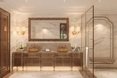 Bathroom with marble countertops at Taj Usha Kiran Palace.