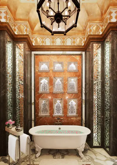 Opulent bathroom at Rambagh Palace, Jaipur