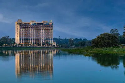 Majestic facade of Taj Lakefront, Bhopal against the blue sky