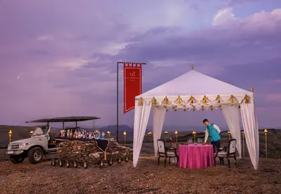 Fine Dining Setup with Serenic View at Taj Aravali Resort & Spa