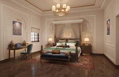 Luxurious bedroom at Taj Usha Kiran Palace.