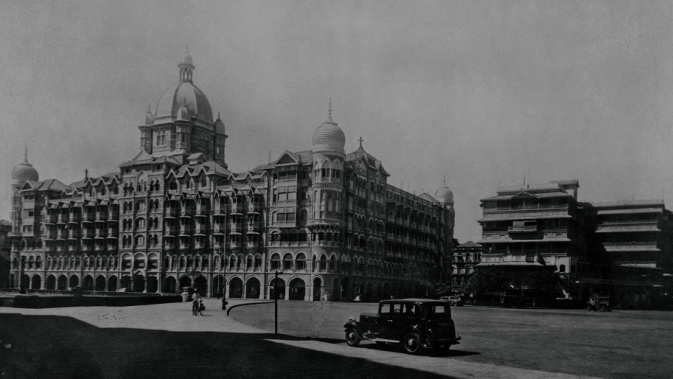 Vintage black and white view of The Taj Mahal Palace in Mumbai