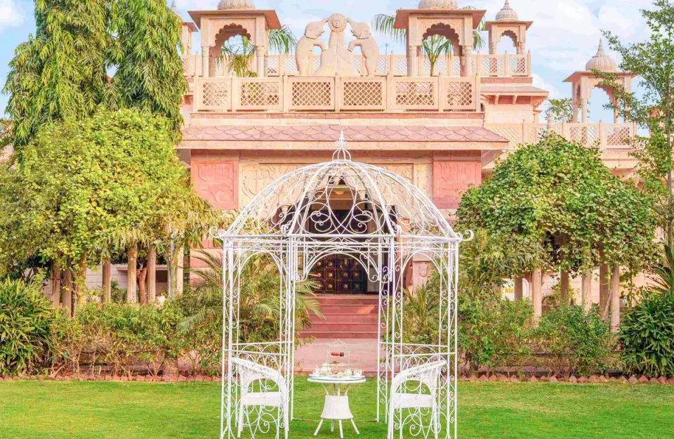 Elegant Outdoor Seating Space at Rang Mahal, Jaipur 