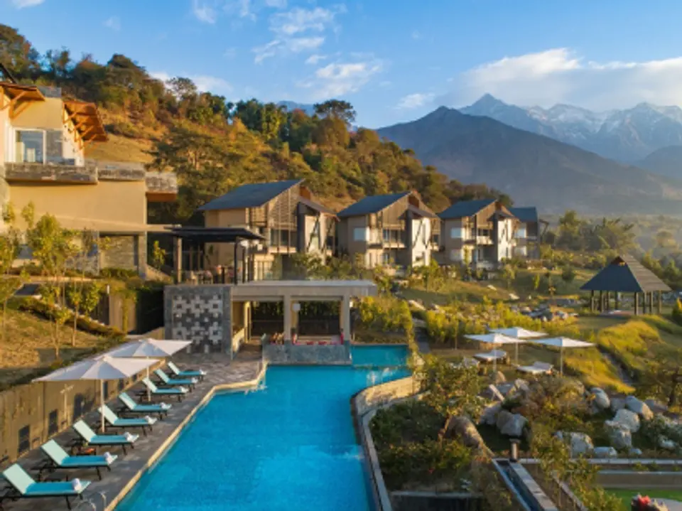 Exterior view of a luxury hotel in Dharamshala