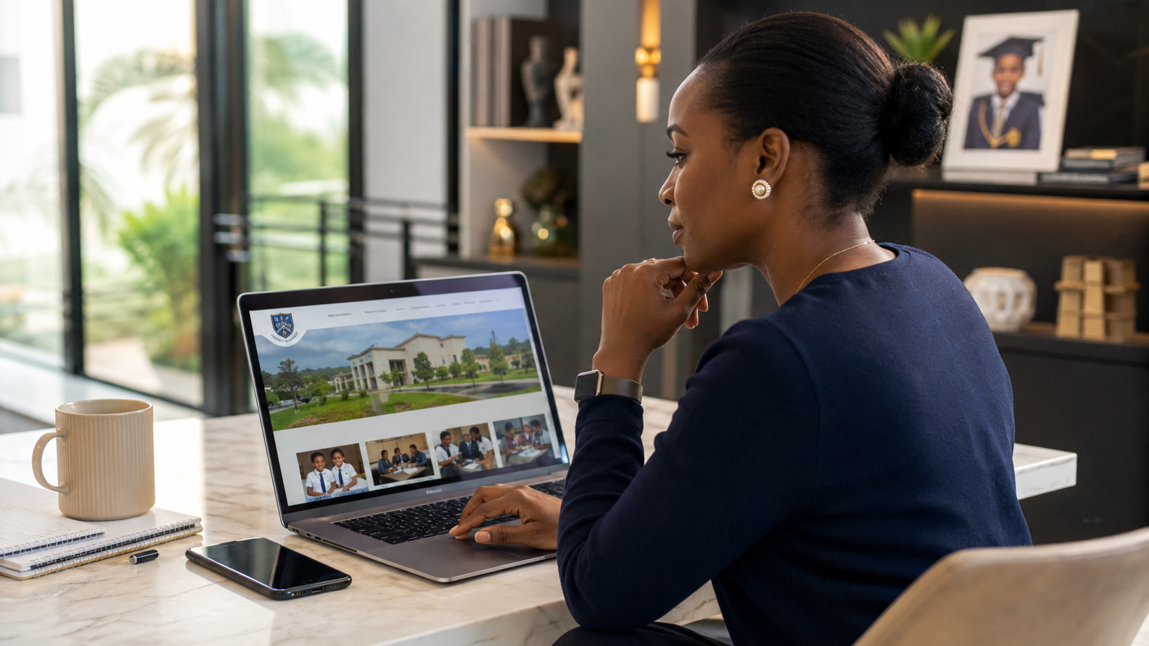 Parent researching private schools in Lagos online.