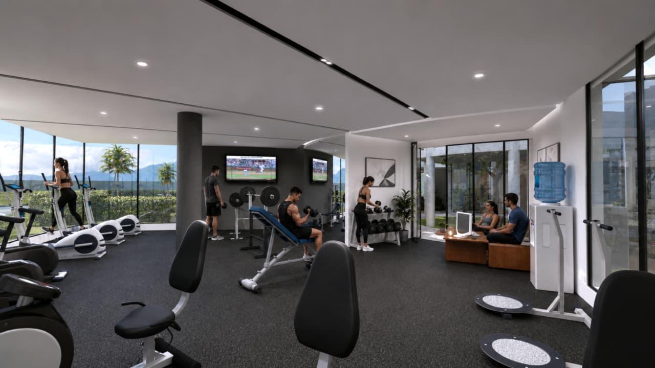 Área de pesas y descanso del gimnasio