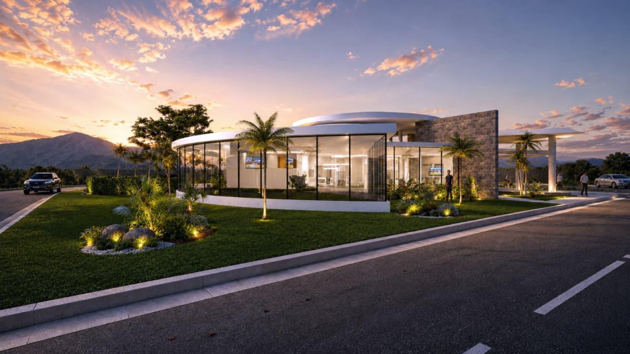 Fachada frontal de la casa club al atardecer