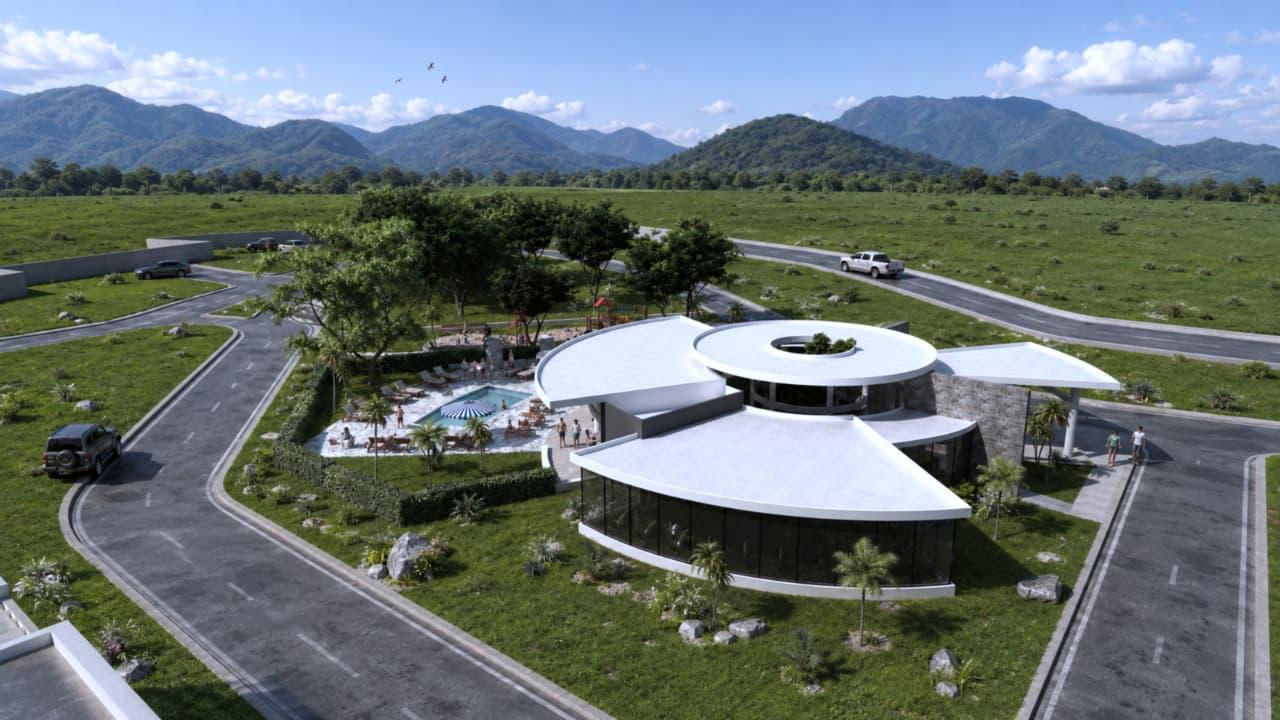 Vista aérea de la casa club y la piscina