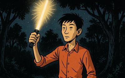 Un homme qui s'éclaire avec un sabre torche dans la nuit