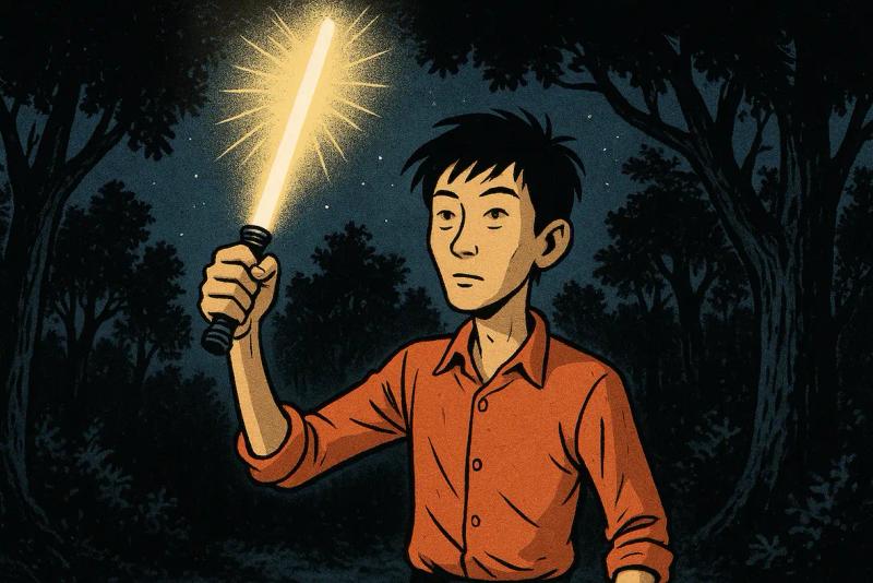 Un homme qui s'éclaire avec un sabre torche dans la nuit