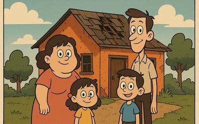 Une petite famille modeste devant leur petite maison