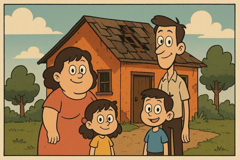 Une petite famille modeste devant leur petite maison