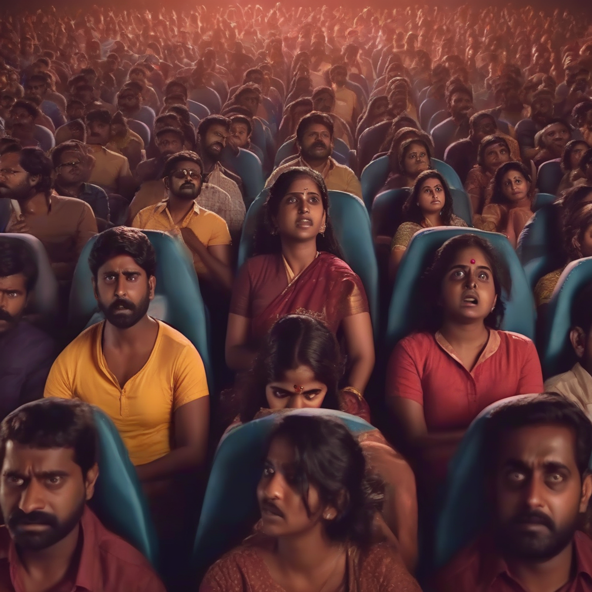 Tamil cinema theater packed audience watching movie, emotional reactions, dramatic lighting, cinematic