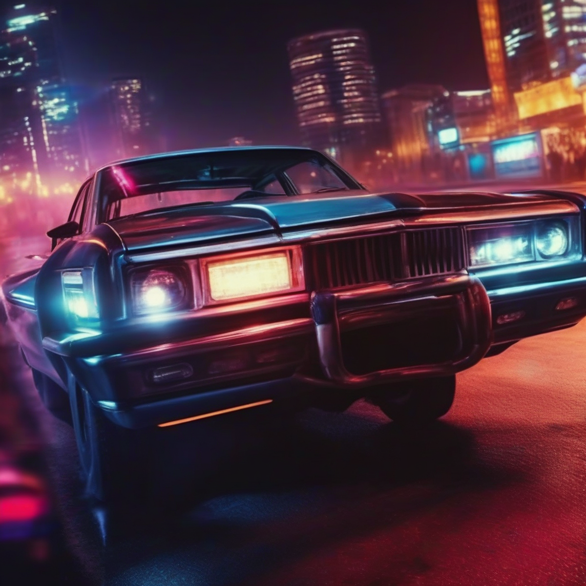 Tamil cinema action movie still with dramatic car chase scene, night city, neon lights, cinematic