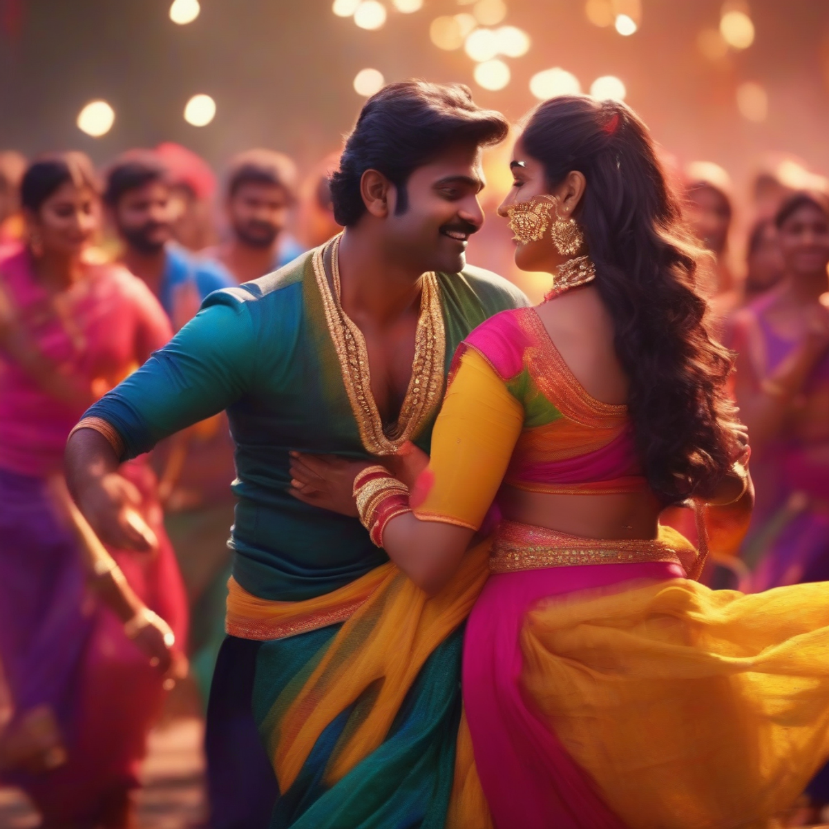 Romantic song sequence in Tamil movie with colorful costumes and dance, festive atmosphere, cinematic